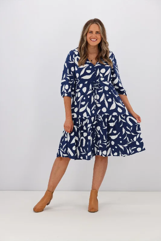 Fria Fall Leaf 3/4 Sleeve Dress Navy