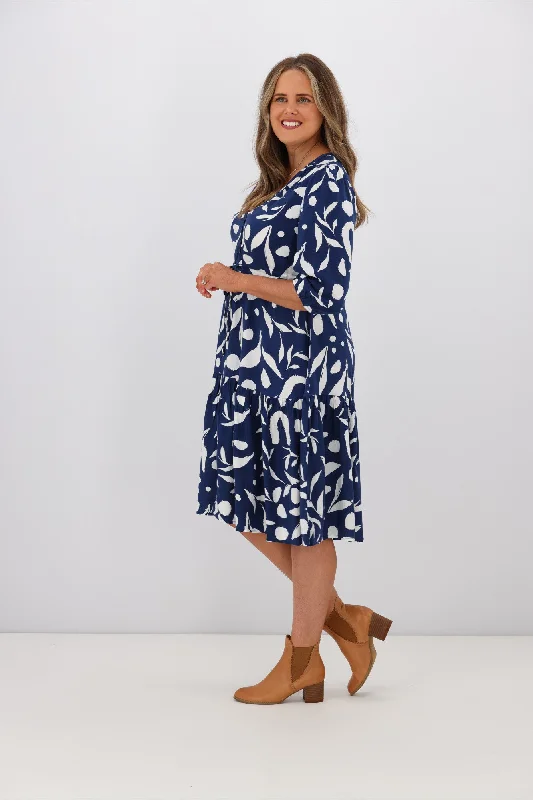 Fria Fall Leaf 3/4 Sleeve Dress Navy