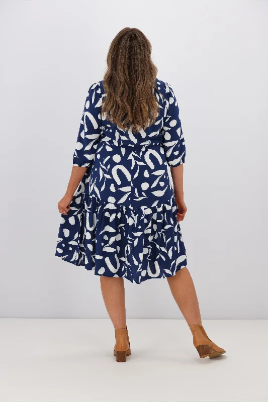 Fria Fall Leaf 3/4 Sleeve Dress Navy