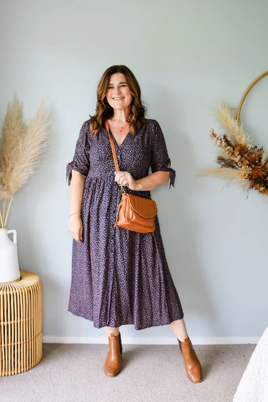 Sunday Boho Mabel Dress Ditsy Tan Leaf Navy