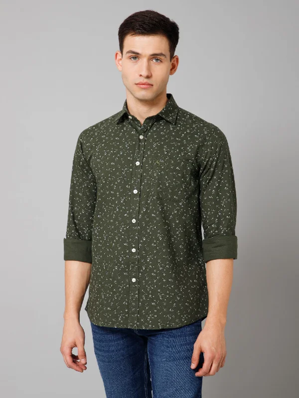 Cantabil Cotton Blend Printed Full Sleeve Regular Fit Green Casual Shirt for Men with Pocket