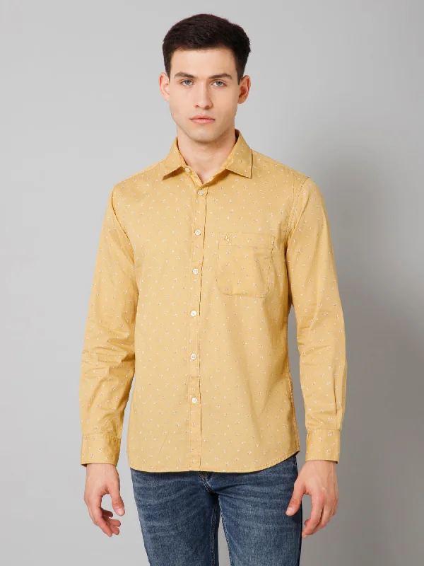 Cantabil Cotton Printed Full Sleeve Regular Fit Yellow Casual Shirt for Men with Pocket