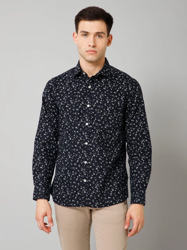 Cantabil Cotton Blend Printed Full Sleeve Regular Fit Navy Blue Casual Shirt for Men with Pocket