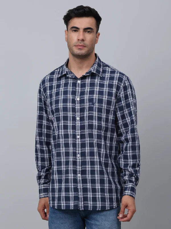 Cantabil Cotton Checkered Full Sleeve Regular Fit Navy Blue Casual Shirt for Men with Pocket