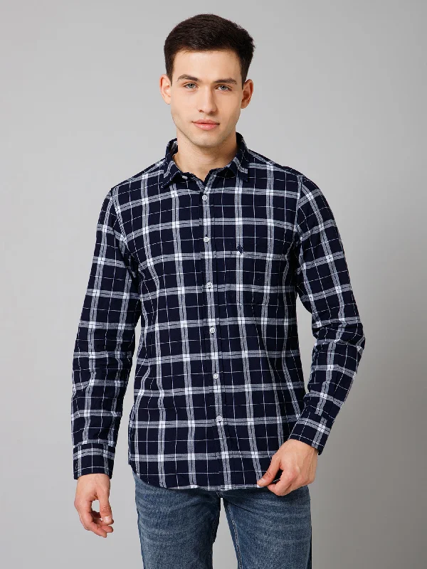 Cantabil Men's Navy Blue Cotton Checkered Full Sleeve Casual Shirt with Pocket