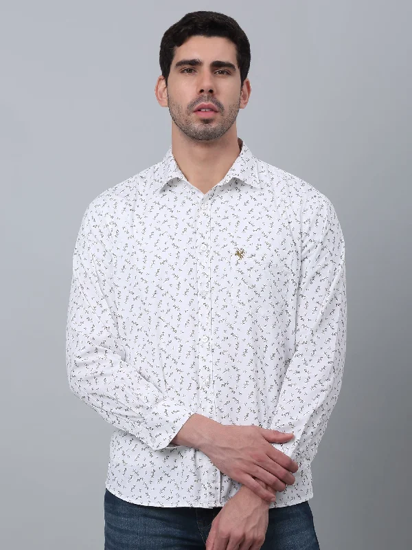 Cantabil Cotton Floral Printed Full Sleeve Regular Fit White Casual Shirt for Men with Pocket