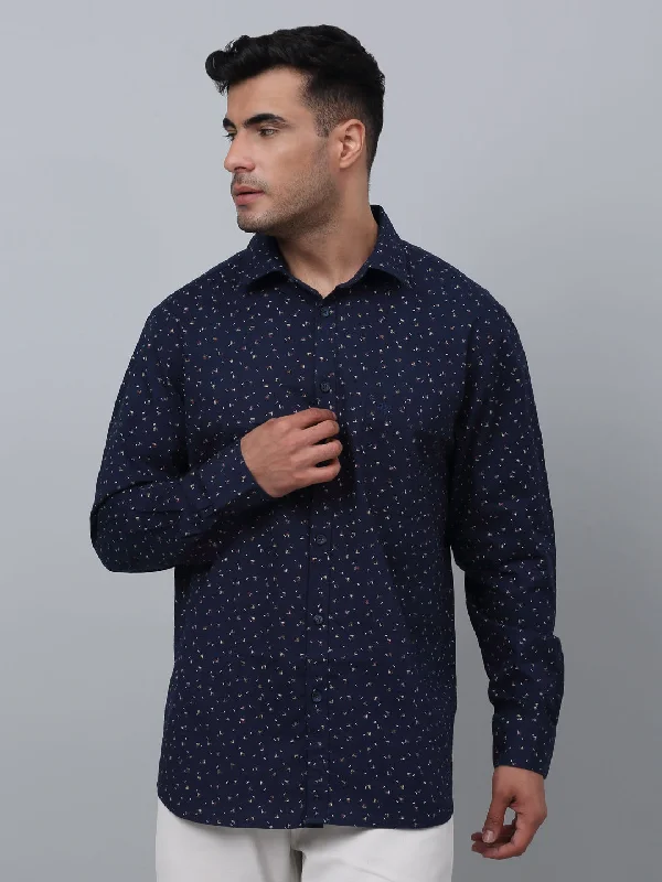 Cantabil Cotton Printed Full Sleeve Regular Fit Navy Blue Casual Shirt for Men with Pocket