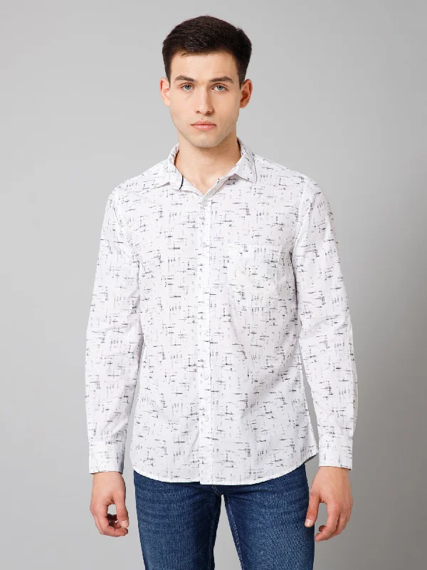 Cantabil Cotton Printed Full Sleeve Regular Fit White Casual Shirt for Men with Pocket