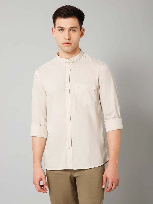 Cantabil Cotton Solid Full Sleeve Regular Fit Beige Casual Shirt for Men with Pocket