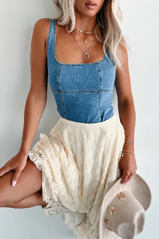 Concert Casual Washed Denim Bodysuit (Blue)