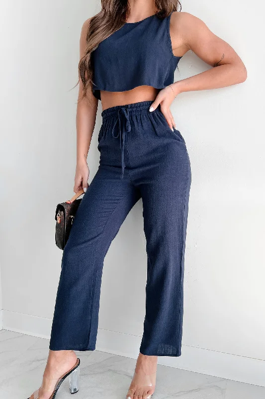 Finding Paradise Linen Crop Top & Pants Set (Dark Navy)