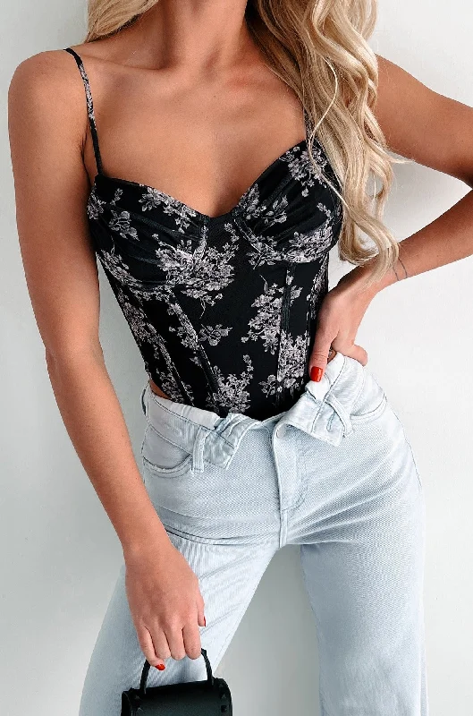 Friday Feels Floral Mesh Corset Top (Black)