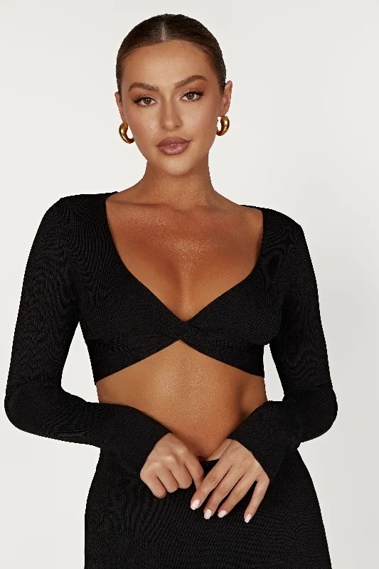 Kaesha Long Sleeve Twist Front Knit Top - Black