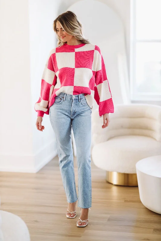 All Checked Out Sweater - Hot Pink and White