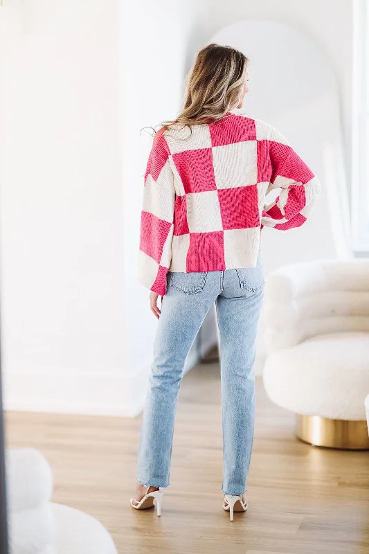 All Checked Out Sweater - Hot Pink and White