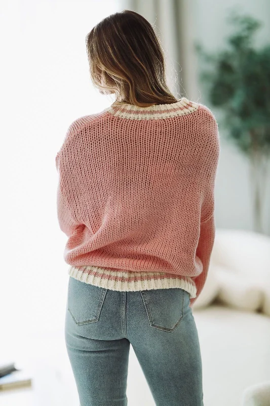 Hit the Slopes Embroidered Knit Sweater - Light Pink and Ivory