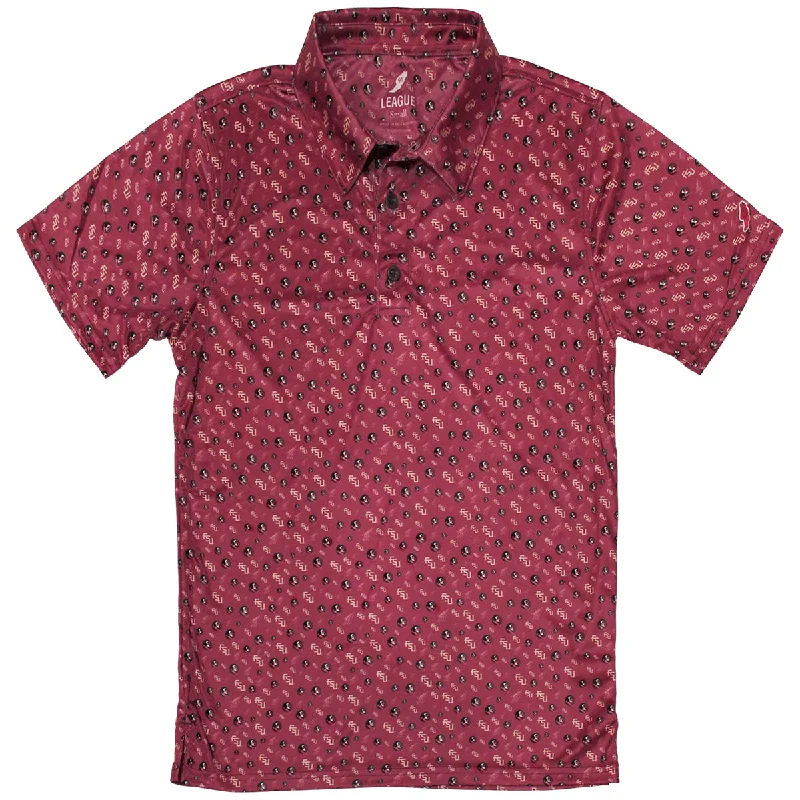 League Men's FSU Multi Logo All Over Design Sublimated Polo - Garnet