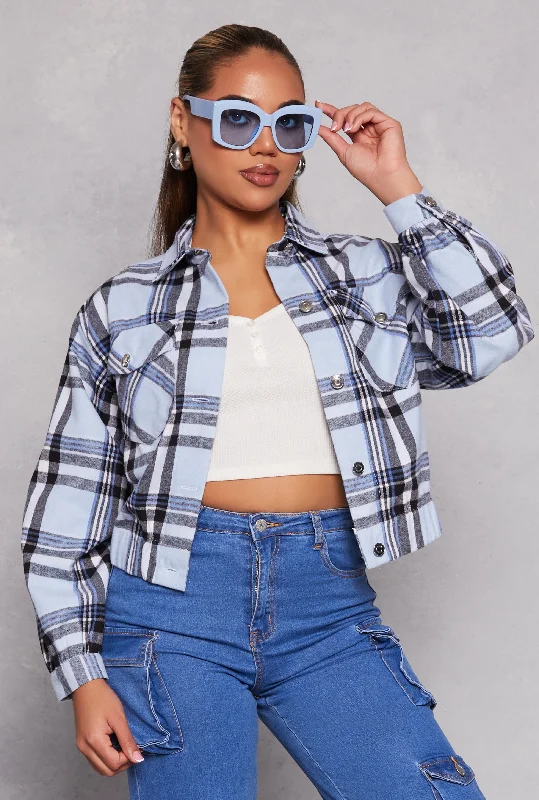 Brushed Knit Plaid Cropped Shacket