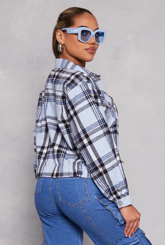 Brushed Knit Plaid Cropped Shacket