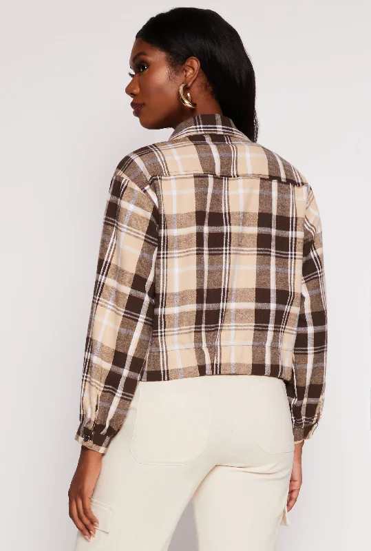 Brushed Knit Plaid Cropped Shacket