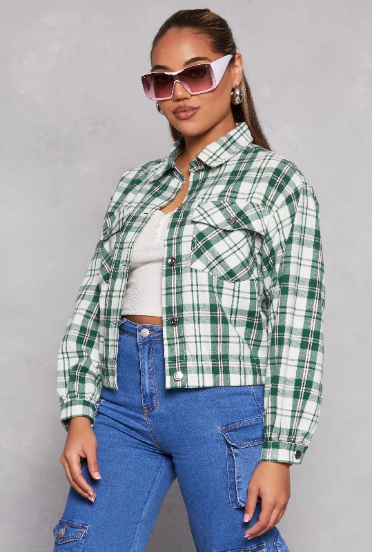 Brushed Knit Plaid Cropped Shacket