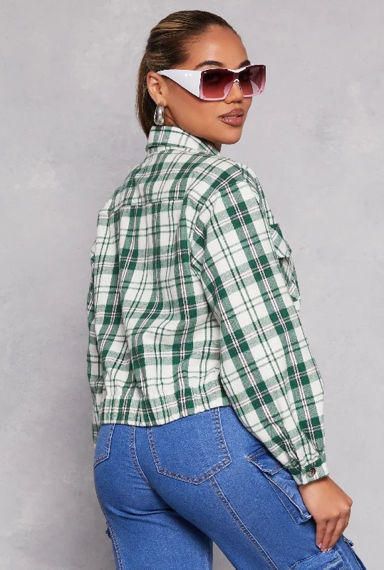 Brushed Knit Plaid Cropped Shacket