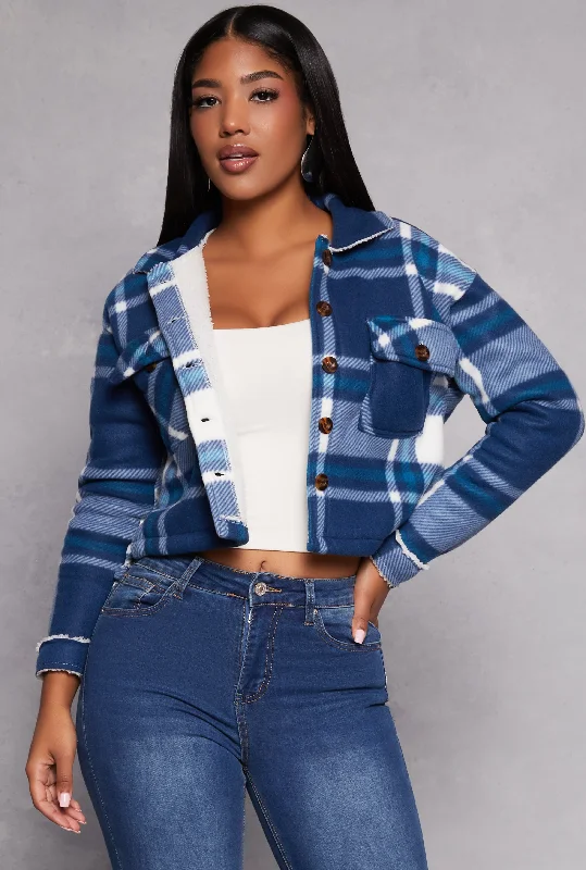 Plaid Sherpa Lined Cropped Button Front Shacket