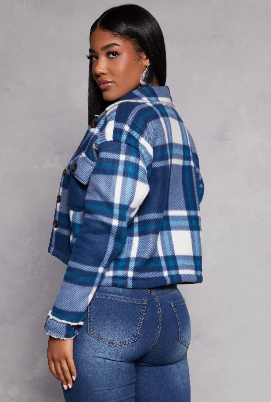 Plaid Sherpa Lined Cropped Button Front Shacket