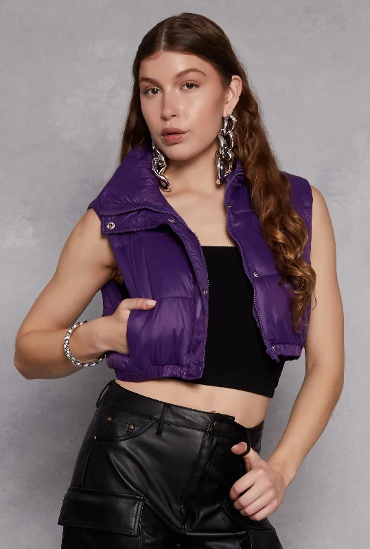 Daisy Snap Button Zip Front Cropped Puffer Vest