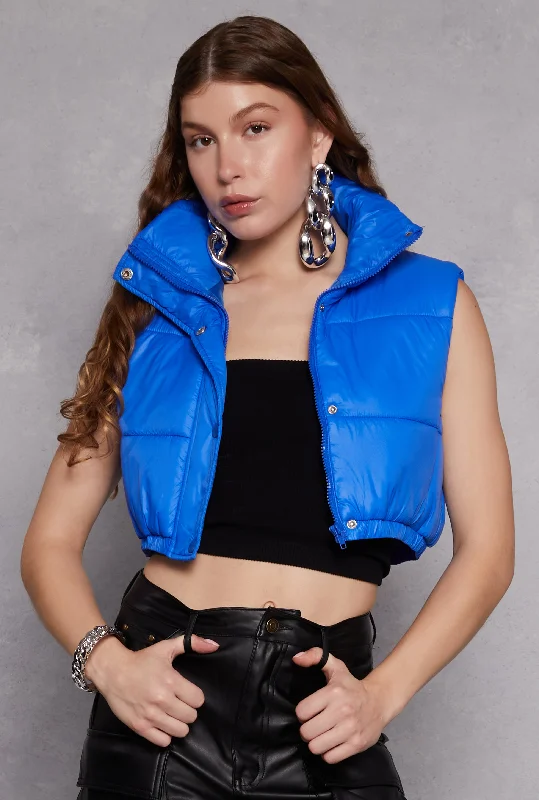 Daisy Snap Button Zip Front Cropped Puffer Vest