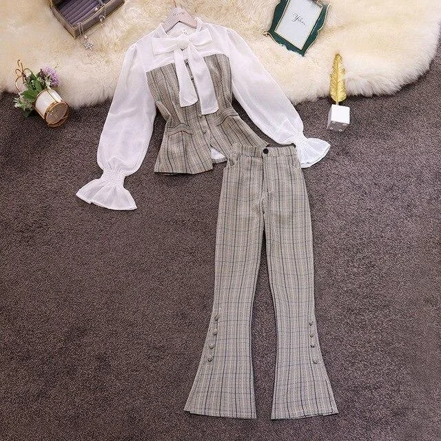 Women Flared Plaid Pantsuit